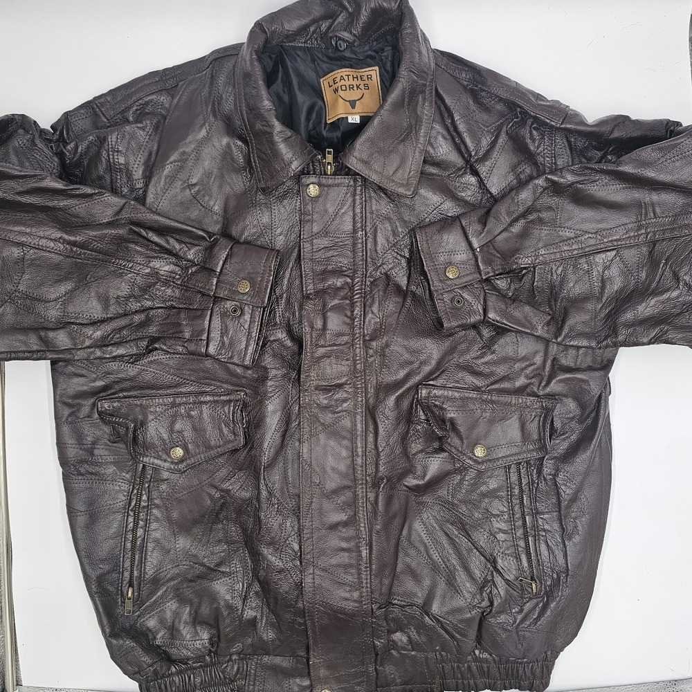 Leather Works Men's XL Brown Genuine Leather Bomber Jacket‎ Zip Front Pockets...